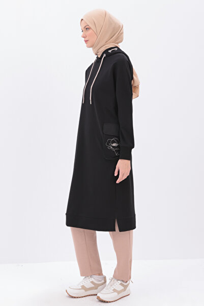 ALLDAY Siyah Tek Cepli Nakışlı Kapüşonlu Sweat Tunik
