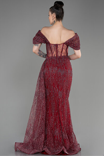 Abiyefon Bordo Kayık Yaka Yırtmaçlı Uzun Simli Abiye Abu2706