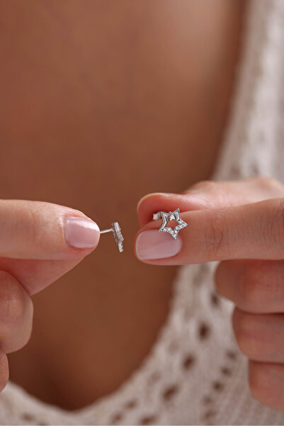 Nereze 925 Ayar Gümüş Rodyum Kaplama Minik Zirkon Taşlı Çift Yıldız Küpe