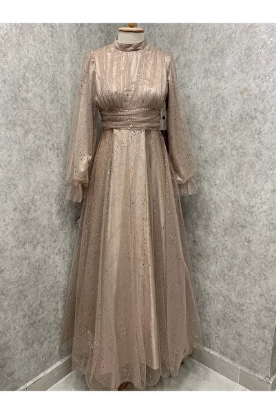 Famelin 24Y652 ABİYE ELBİSE PRENSES MODEL SİM VE PULLU BEJ