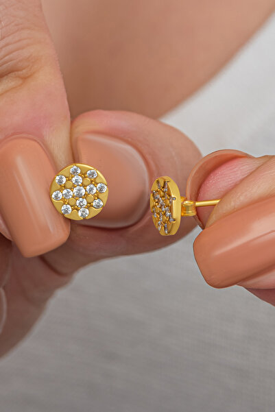 Nereze 925 Ayar Gümüş Gold Kaplama Zirkon Taşlı Yuvarlak Model Minik Küpe