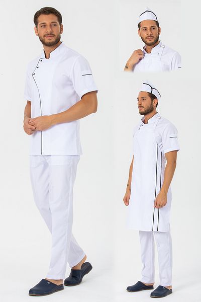 TIPTEKS Men's Comfort White Cook Jacket + Cap and Sling Apron - Black Piping / White Pants Set of Four