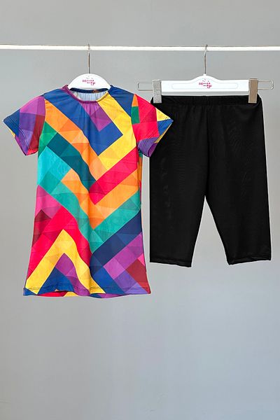 Remsa Mayo Short Sleeve Lycra Girl's Swimsuit - Semi Covered, Tights R5001 Tetris