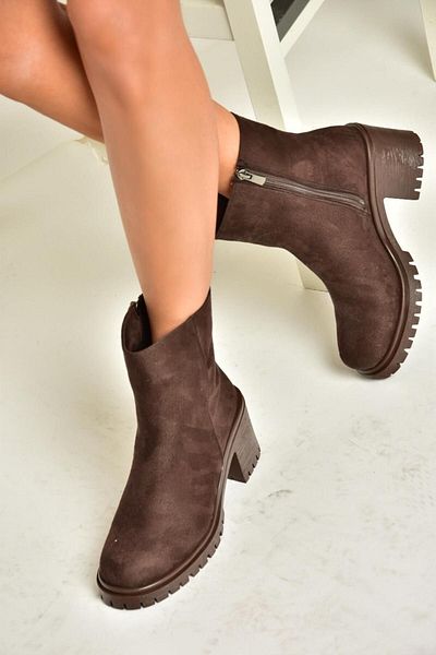 Fox Shoes Τ 726911102   Καφέ Suede - Γυναικείες Μπότες με Χοντρό Τακούνι