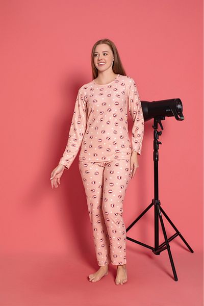 CALİA Women's Crew Neck Printed Suede Soft Fabric Long Sleeve Pajamas Set