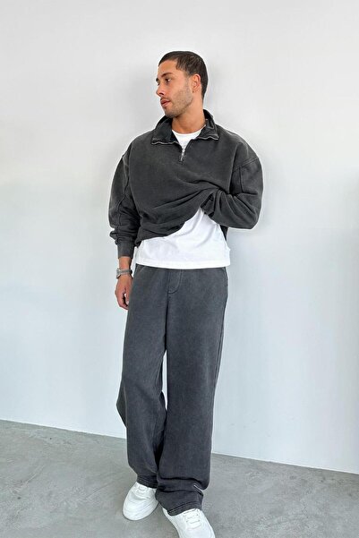 HAFKAGİYİM Φούτερ με μισό φερμουάρ σε σκούρο γκρι χρώμα Acid Wash