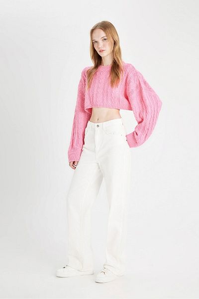 DeFacto Hair Braided Crew Neck Crop kötöttáru pulóver - normál szabású T4518az24wn