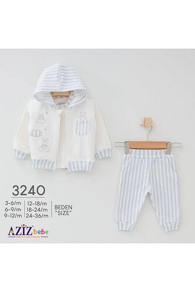 Aziz Bebe Cloud Patterned Baby Top and Bottom 3-Piece Cardigan Set Size 3 Months - 36 Months