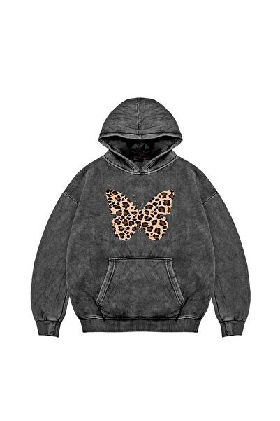 Bak Moda Unisex premium crna majica sa kapuljačom - leptir leopard Štampano ,...