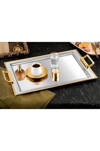 ÖzSa Home Tiamo Mios Gold Premium - 18/10 Stainless Steel with Handles Promise Engagement Serving and Tea Tray