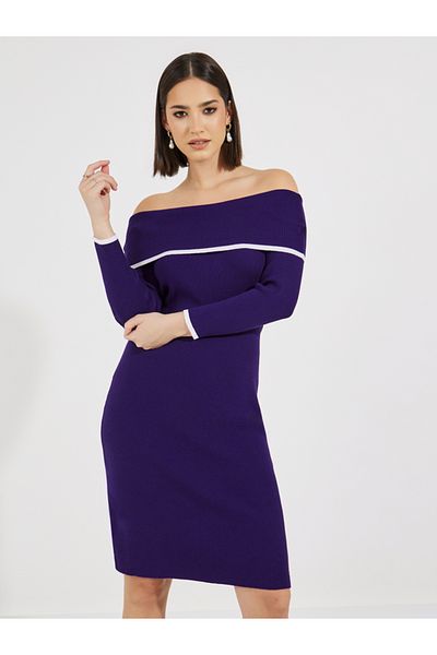 Styli Contrast Trim Off Shoulder Sweater Dress