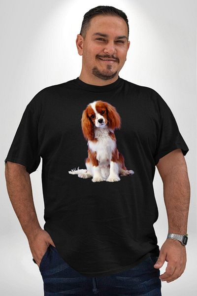 Angemiel تي شيرت أسود كبير الحجم للجنسين من Cavalier King Charles Spaniel - موديل أساسي مطبوع من الأمام