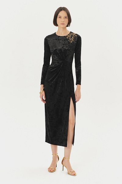 Exquise Maxi Black Velvet Dress - Hand Embroidered and Slit