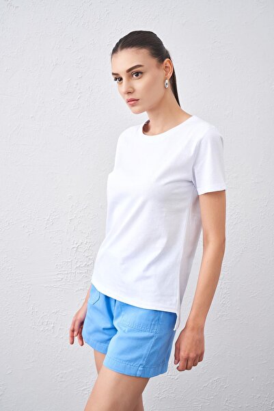 TENA Women's White Collar Ribbed Crew Neck Basic T-Shirt