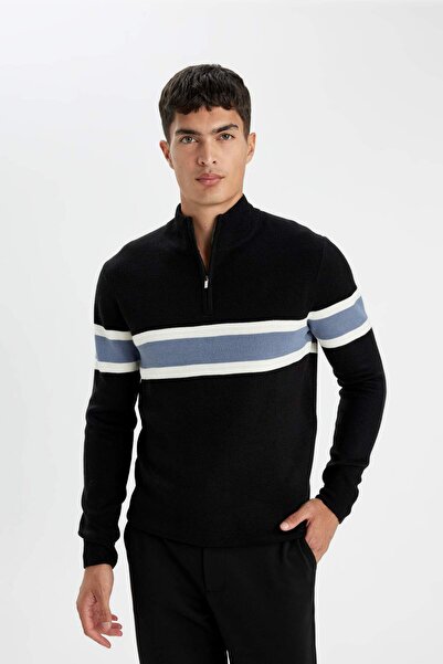DeFacto Regular Fit Half-Zip Striped High Neck Knit Sweater