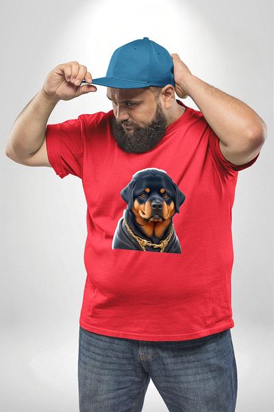 Angemiel تي شيرت Rottweiler Big Head Puppy - أحمر، مقاس كبير، للرجال والنساء للجنسين أساسي مطبوع من الأمام