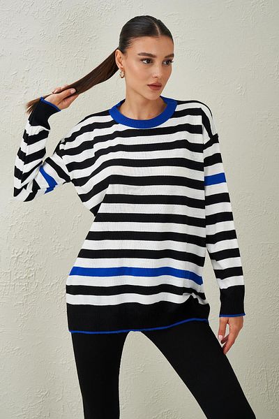 TENA Women's Saks-Black-Ecru Crew Neck Three Color Striped Knitwear Sweater