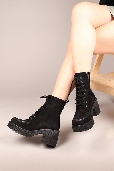 Birikon Tullia Lace-Up Suede Heeled Women's Boots Black
