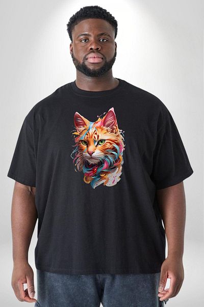 Angemiel تي شيرت أسود للرجال والنساء للجنسين مطبوع من الأمام - مقاس كبير من Animal Cat Art Potre