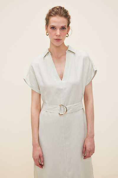 Love My Body Çizgili Kemerli Elbise