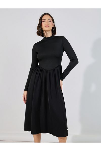 Styli Flared High Neck A-Line Midi Dress