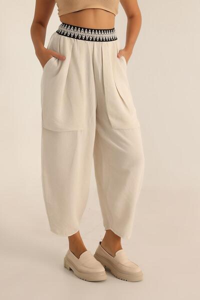 TENA Women's Natural Waist Striped Large Pocket Wide Leg Trousers