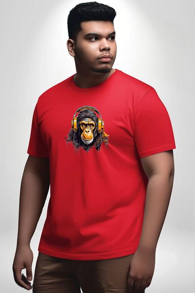 Angemiel تي شيرت Monkey Gold Headset - أحمر، مقاس كبير، للرجال والنساء للجنسين