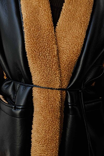 Hooopstore Şal Yaka Kürklü Deri Yelek - Camel