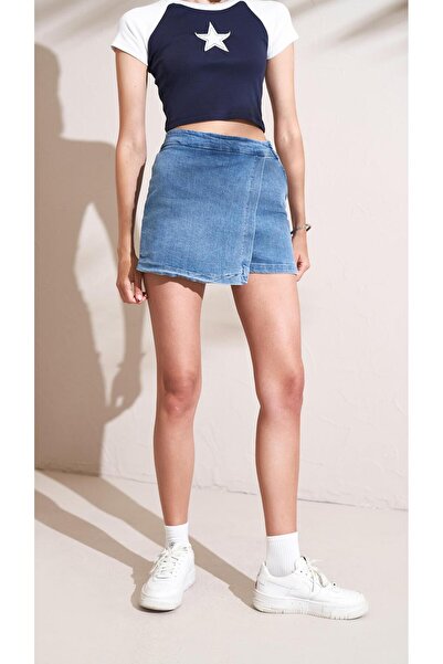 TENA Kadın Denim Yanı Fermuarlı Pileli Denim Şort Etek