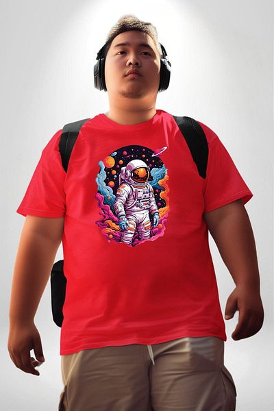 Angemiel تي شيرت أحمر كبير الحجم مطبوع من الأمام للرجال والنساء للجنسين من Moon Mars Astronaut