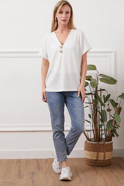 TENA Women's Ecru Low Sleeve V-Neck Button Detailed Rushel Blouse