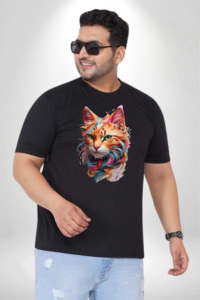 Angemiel تي شيرت أسود للرجال والنساء للجنسين مطبوع من الأمام - مقاس كبير من Animal Cat Art Potre