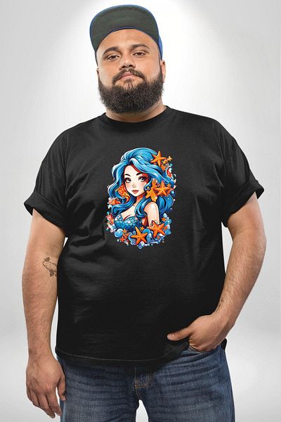 Angemiel تي شيرت Mermaid Star Blue مقاس كبير للجنسين - موديل أساسي وشعر