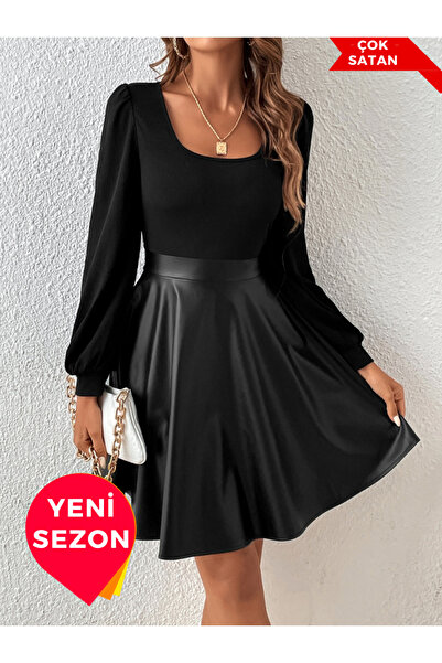 StilVibe Kare Yaka Fener Kol Pu Deri A Kesim Elbise Editörün Seçtikleri (KEMERSİZ)