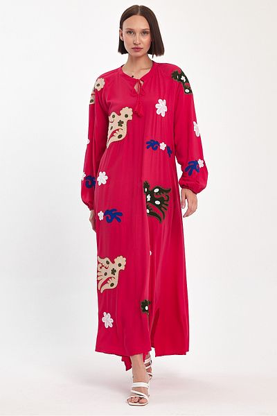 Denismoda Women's Long Sleeve Applique Detailed Long Viscose Dress