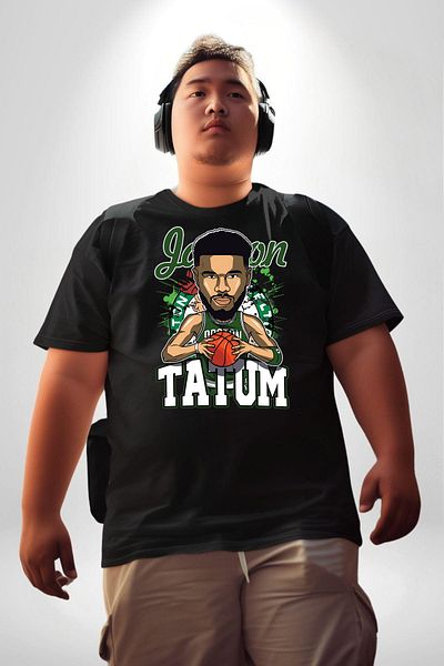 Angemiel تي شيرت Jayson Tatum الرسوم المتحركة بوسطن لكرة السلة أسود مقاس كبير للجنسين