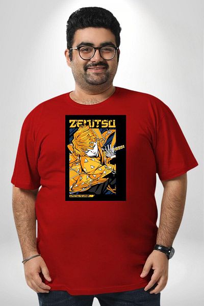 Angemiel تي شيرت Zenitsu Agatsuma Anime Pattern - أحمر، مقاس كبير، للرجال والنساء للجنسين