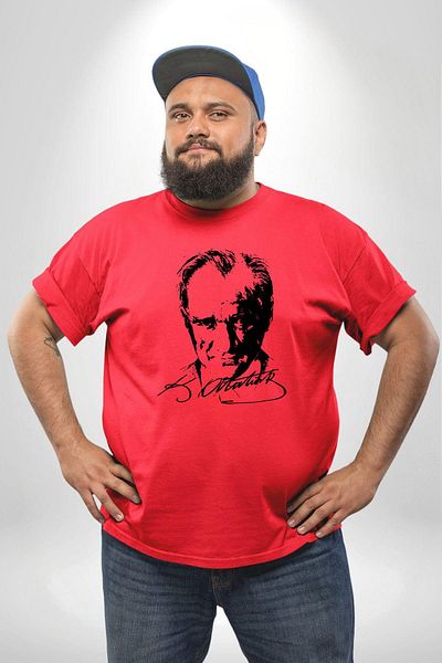 Angemiel Red Large Size Unisex Basic T-Shirt - Kemal Atatürk Signature and Silhouette Front Printed
