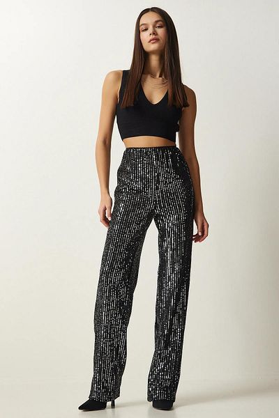 TENA Women's Gray High Waist Sequin Spanish Leg Trousers