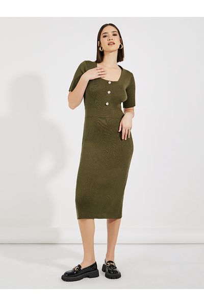Styli Rib Knit Scoop Neck Sweater Midi Dress