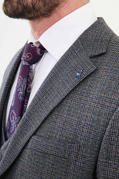 Mcr Plaid Slim Fit Mono Collar Men's Suit Navy Blue - 45365.24K