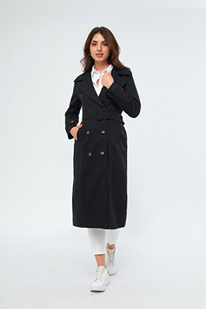 PASTELASTORE Siyah %100 Pamuk Ekstra Uzun (120CM) Kruvaze Kadın Trençkot 1121