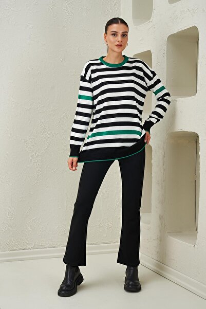 TENA Women's Emerald-Black-Ecru Crew Neck Three Color Striped Knitwear Sweater
