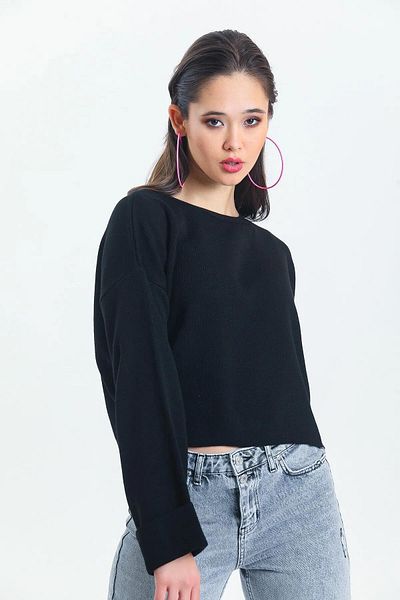TENA Pulover negru de damă, cu mânecă cu gât și mânecă pliată