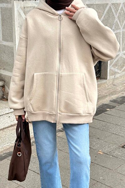 lamelif Ön Fermuarlı Düz Sweatshirt Krem