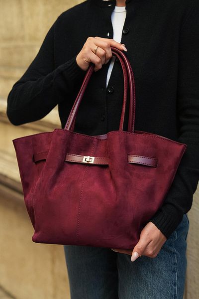 Mopia Violet Burgundy Suede Women's Drawstring Detailed Hand and Shoulder Bag