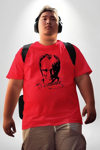 Angemiel Red Large Size Unisex Basic T-Shirt - Kemal Atatürk Signature and Silhouette Front Printed
