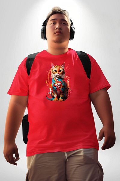 Angemiel Red Colored Paint Cat Plus Size Unisex T-Shirt - Front Printed