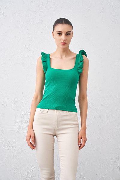 TENA Bluză de damă Benetton, verde, cu mâneci cu volane, fără mâneci