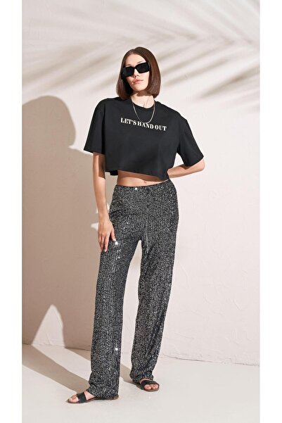 TENA Μαύρο Oversize Crop T-Shirt - Crew Neck, Single Jersey Foil Letter